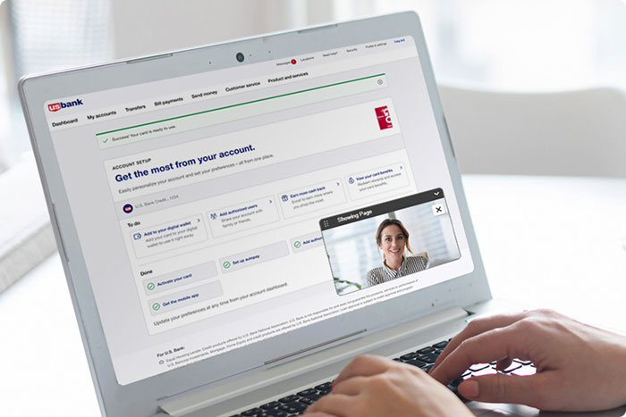 Live bank account support session on a laptop